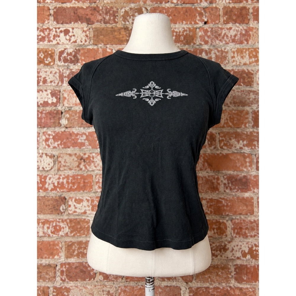 Y2K Tramp Stamp Graphic Cap Sleeve Baby Tee M 2000s Grunge Cyber Mall Goth